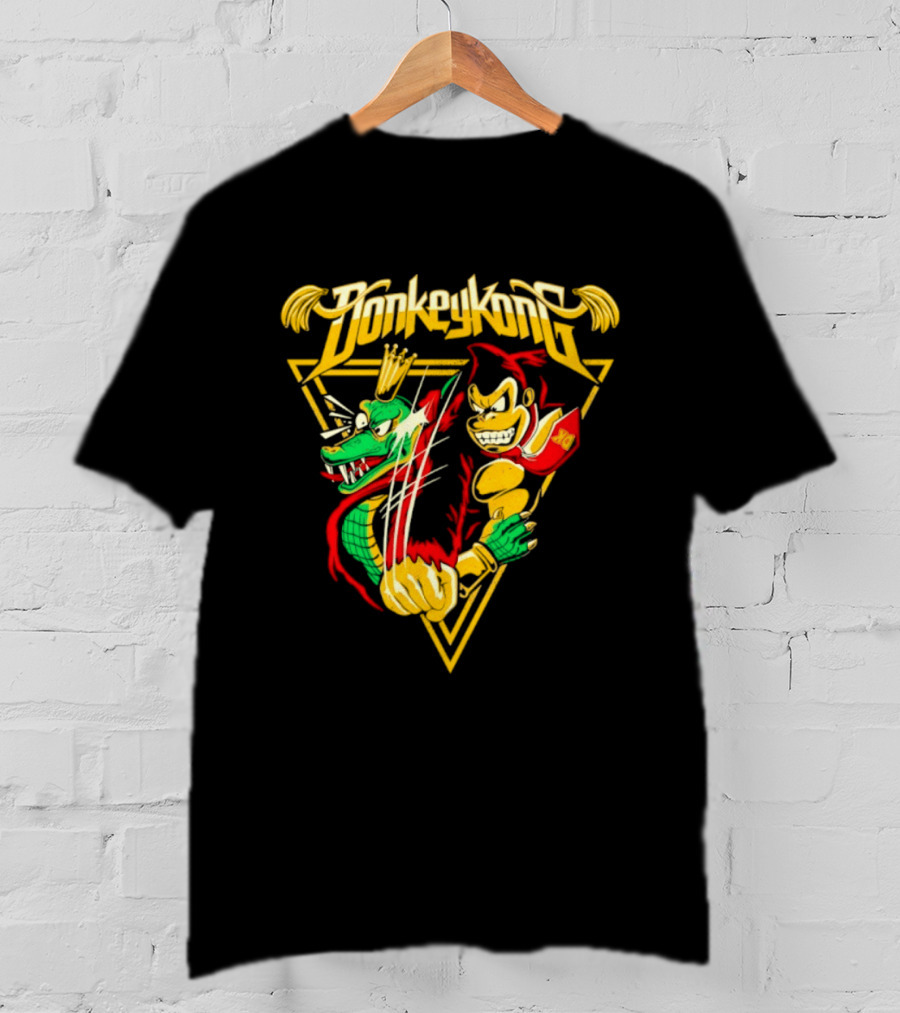 Donkey Kong Cartoon Retro Style Triangular Battle Scene T-Shirt
