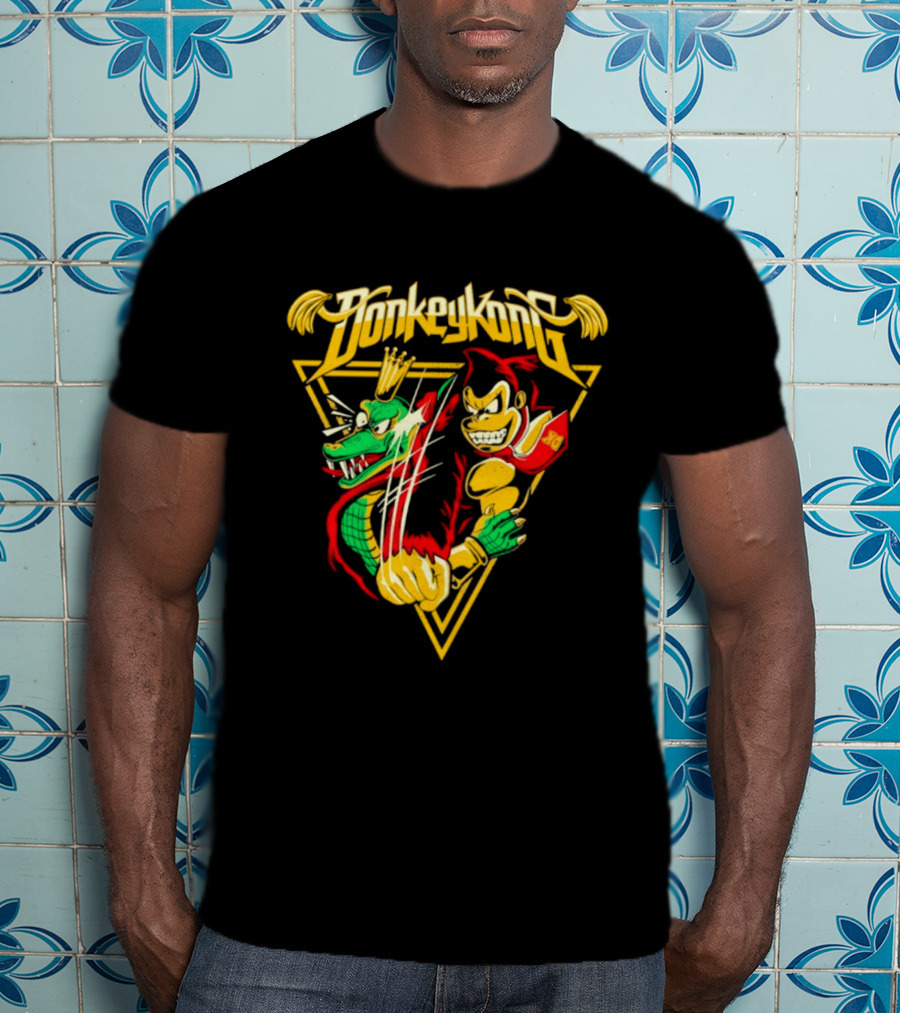 Donkey Kong Cartoon Retro Style Triangular Battle Scene T-Shirt