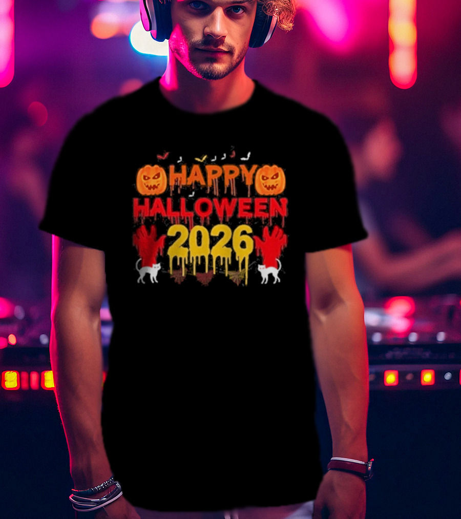 Happy Halloween 2026 Spooky Pumpkin Ghosts And Cats T-Shirt