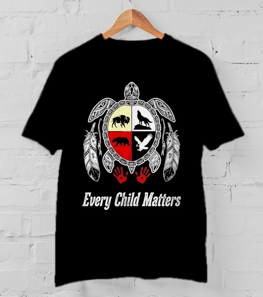 Every Child Matters Native American Turtle Medicine Wheel Feathers And Red Handprints T-Shirt