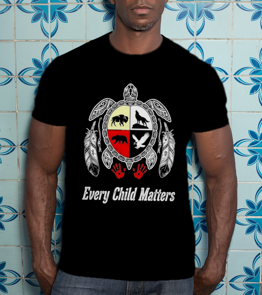 Every Child Matters Native American Turtle Medicine Wheel Feathers And Red Handprints T-Shirt