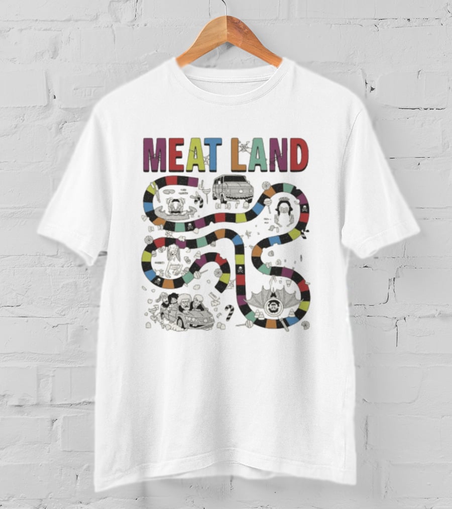 Meatcanyon Store Meat Land Off White Board Game Path Characters T-Shirt