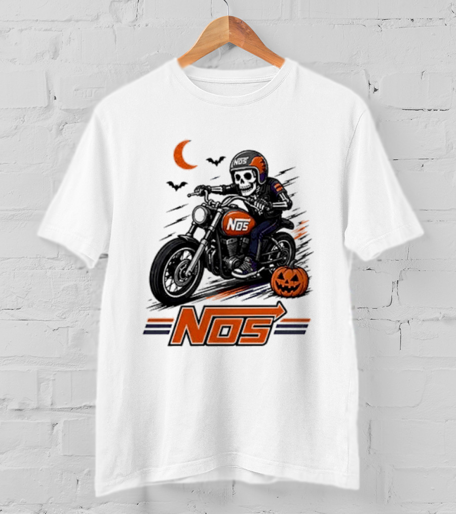 NOS Skeleton Biker Halloween Pumpkin Moon Bats T-Shirt