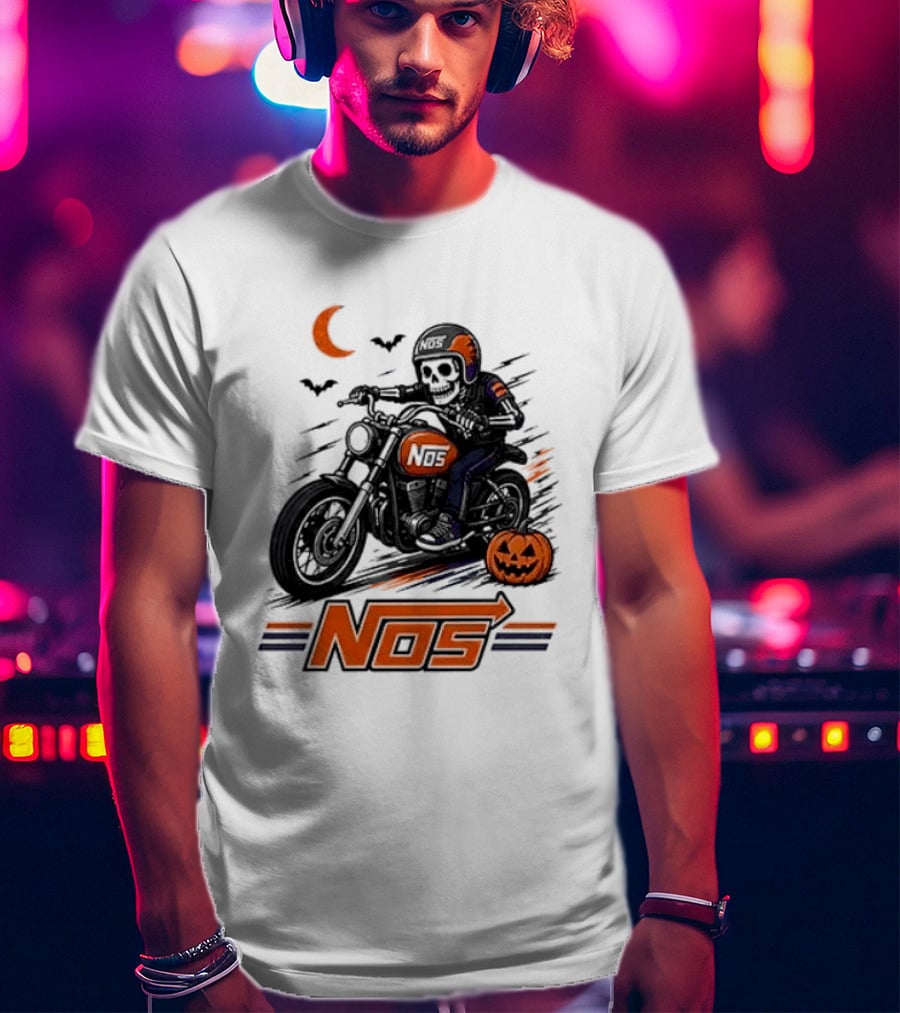 NOS Skeleton Biker Halloween Pumpkin Moon Bats T-Shirt