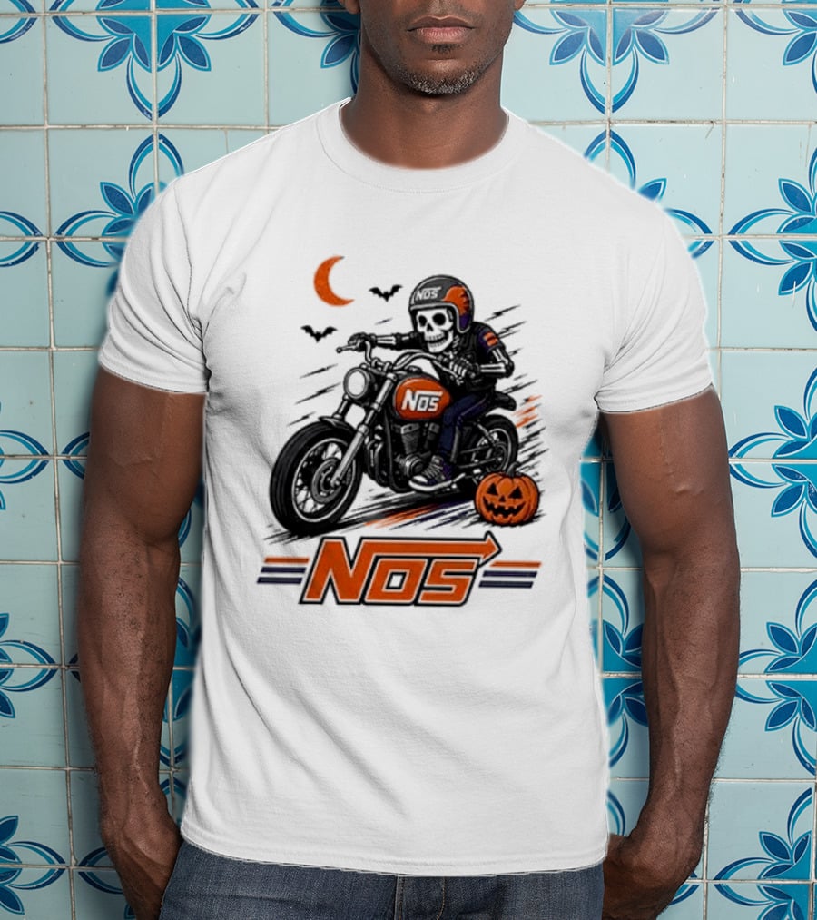 NOS Skeleton Biker Halloween Pumpkin Moon Bats T-Shirt