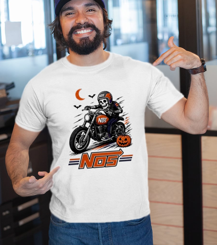 NOS Skeleton Biker Halloween Pumpkin Moon Bats T-Shirt