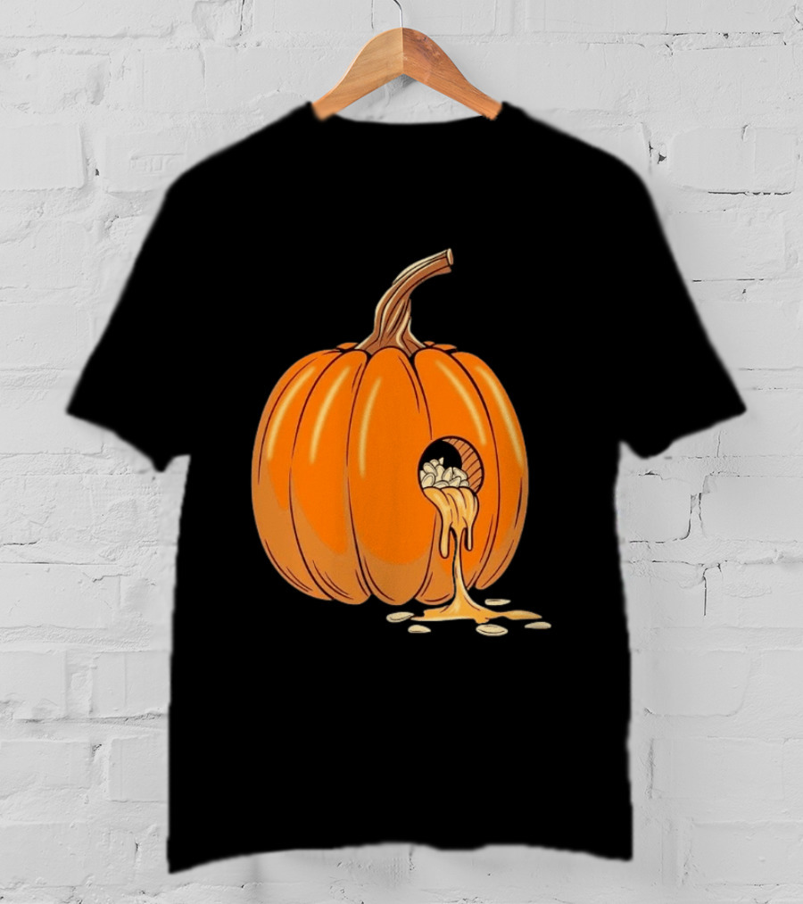 Gourdy Hole Halloween Pumpkin With Seeds Streaming Out T-Shirt