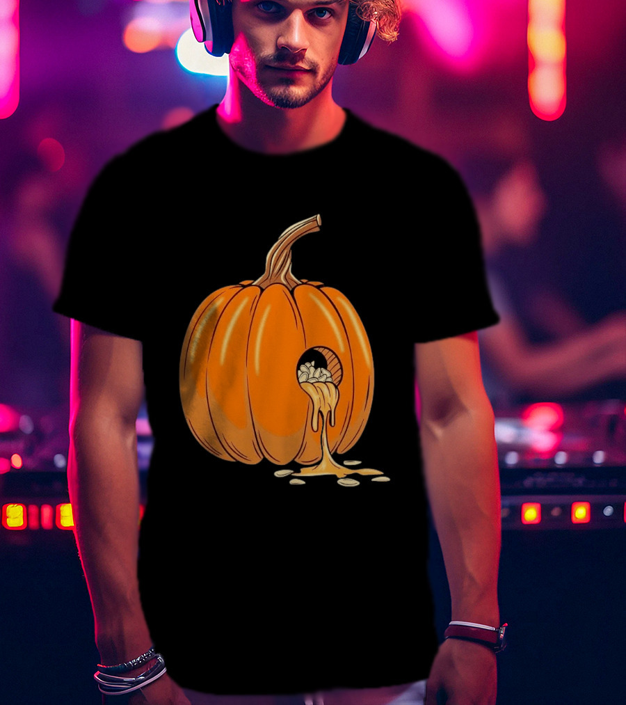Gourdy Hole Halloween Pumpkin With Seeds Streaming Out T-Shirt