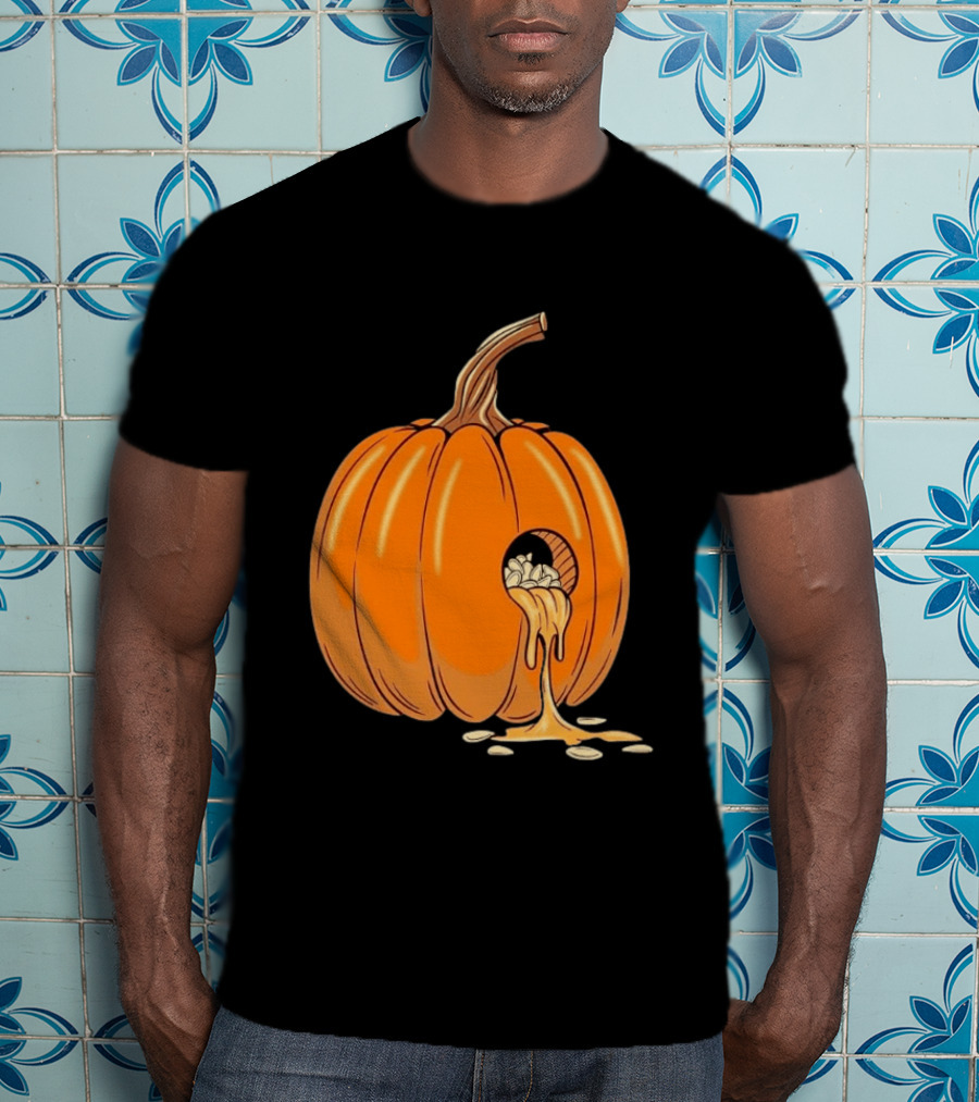 Gourdy Hole Halloween Pumpkin With Seeds Streaming Out T-Shirt