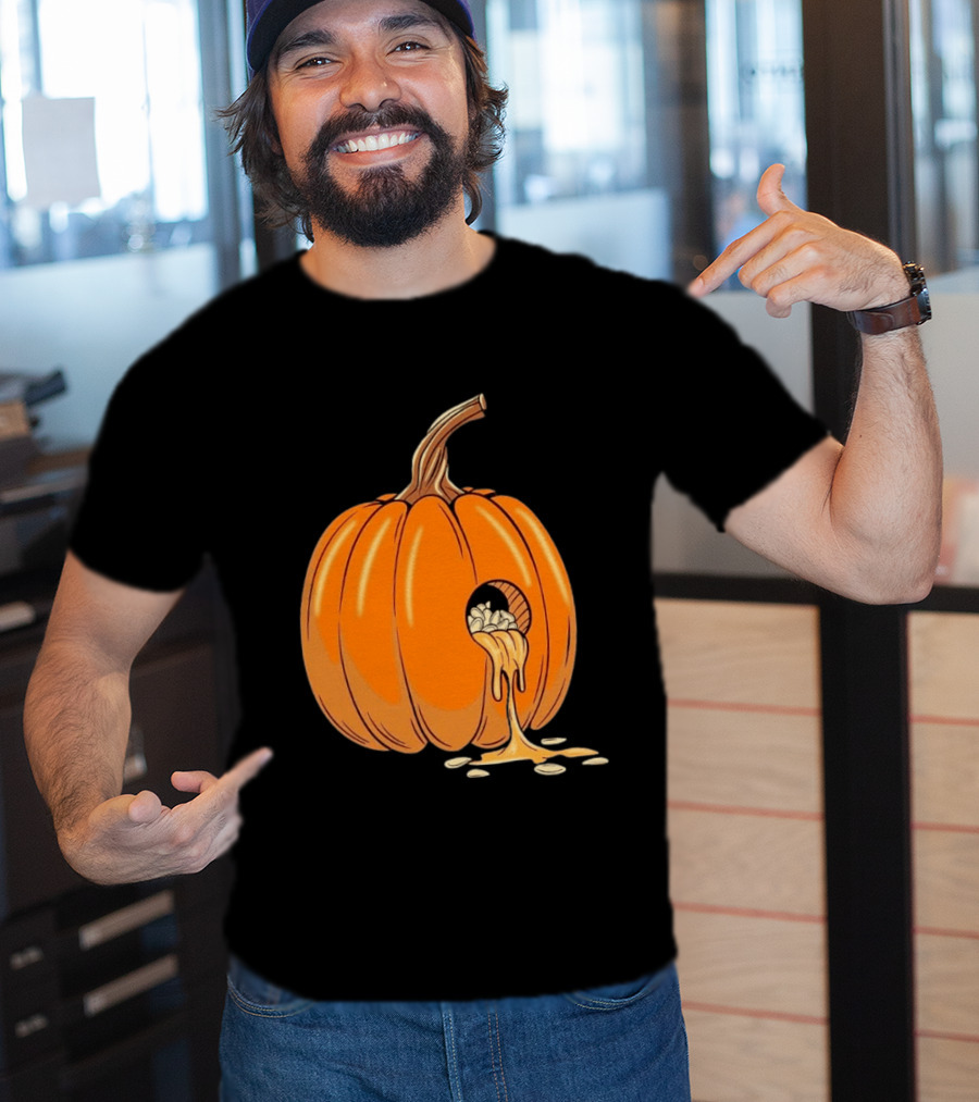 Gourdy Hole Halloween Pumpkin With Seeds Streaming Out T-Shirt