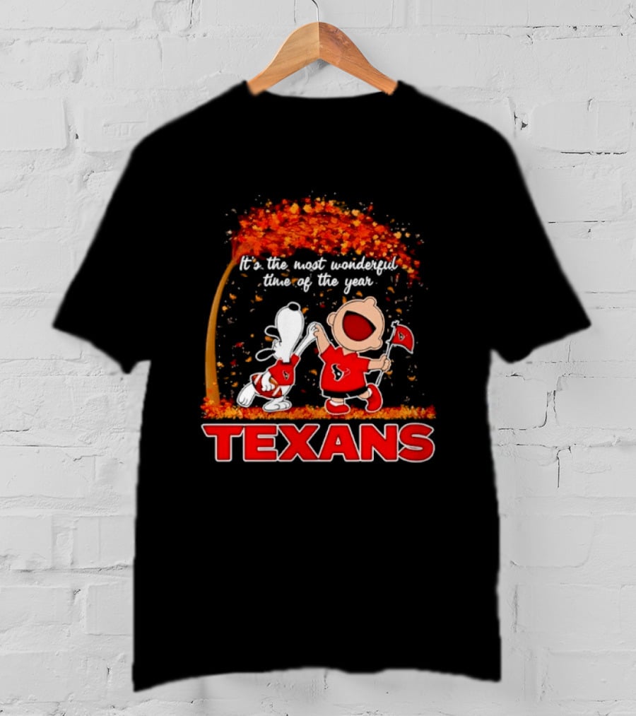 Snoopy And Charlie Brown It's The Most Wonderful Time Of The Year Texans Football Fan Celebration T-Shirt