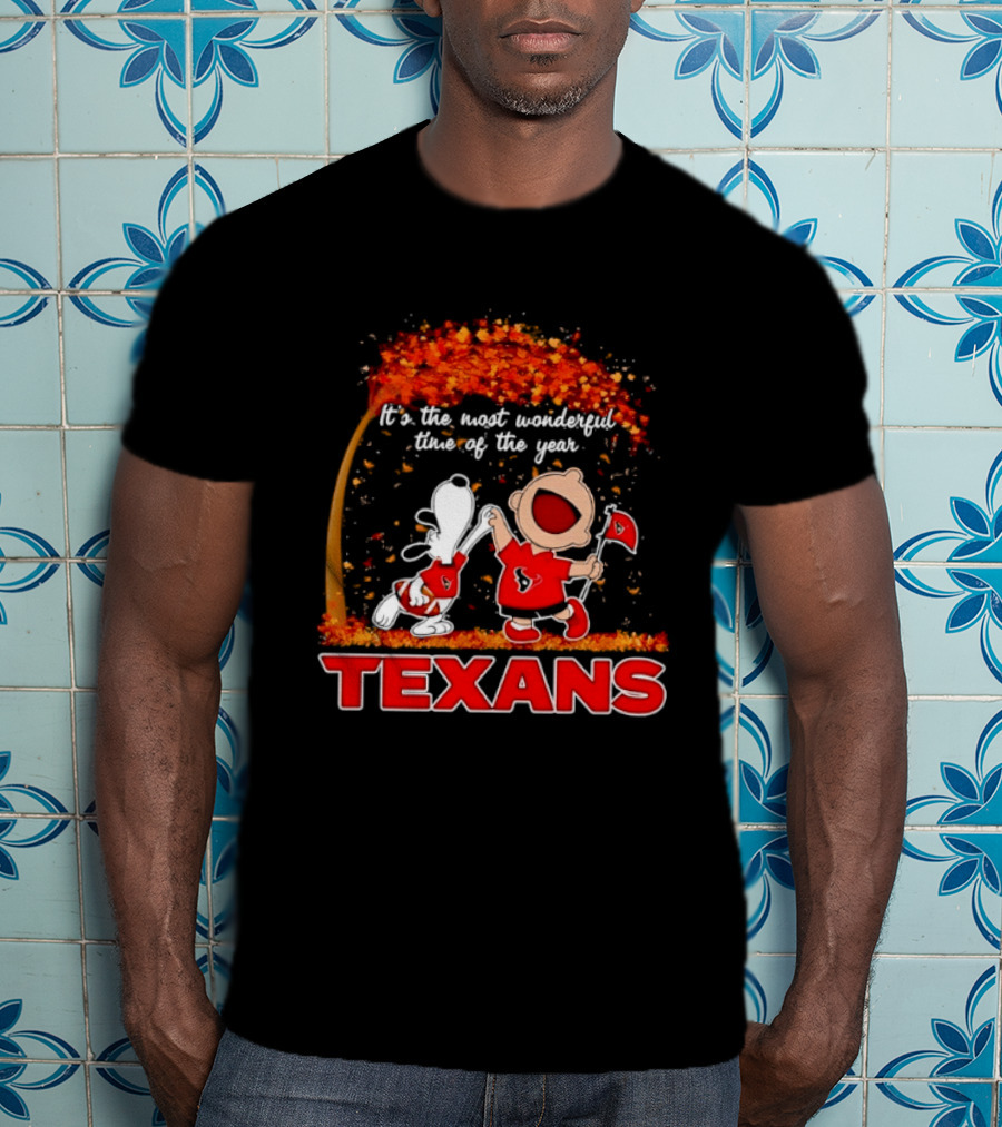 Snoopy And Charlie Brown It's The Most Wonderful Time Of The Year Texans Football Fan Celebration T-Shirt