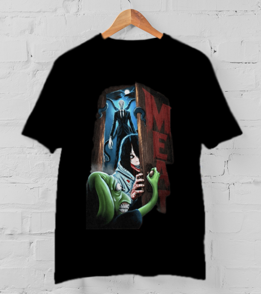 Meatcanyon Store Knock Knock Creepy Distressed Characters Horror Scene T-Shirt