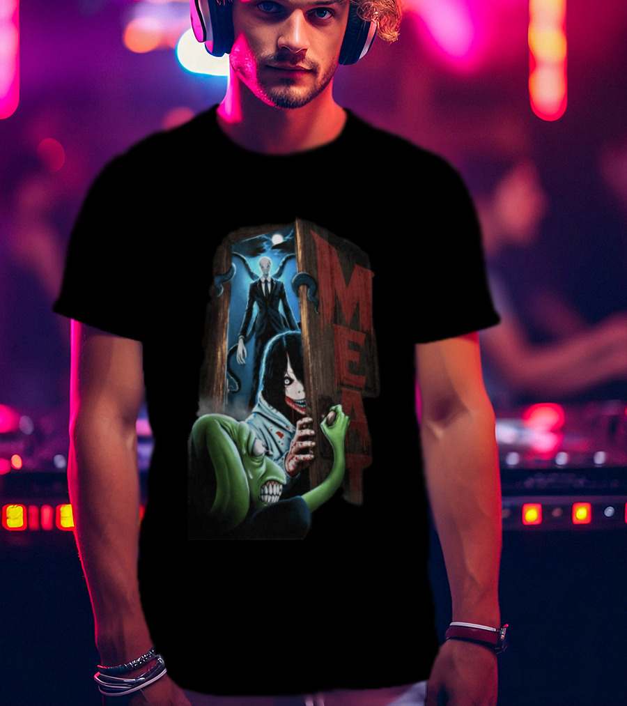 Meatcanyon Store Knock Knock Creepy Distressed Characters Horror Scene T-Shirt