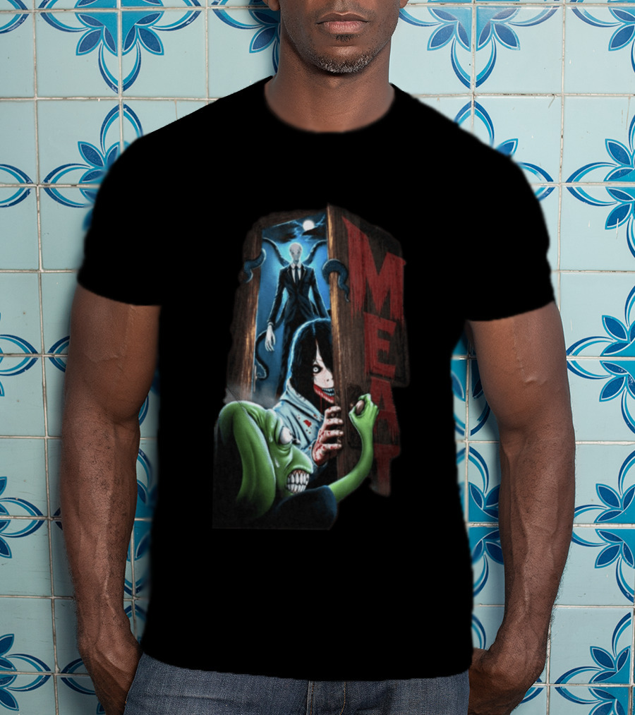 Meatcanyon Store Knock Knock Creepy Distressed Characters Horror Scene T-Shirt