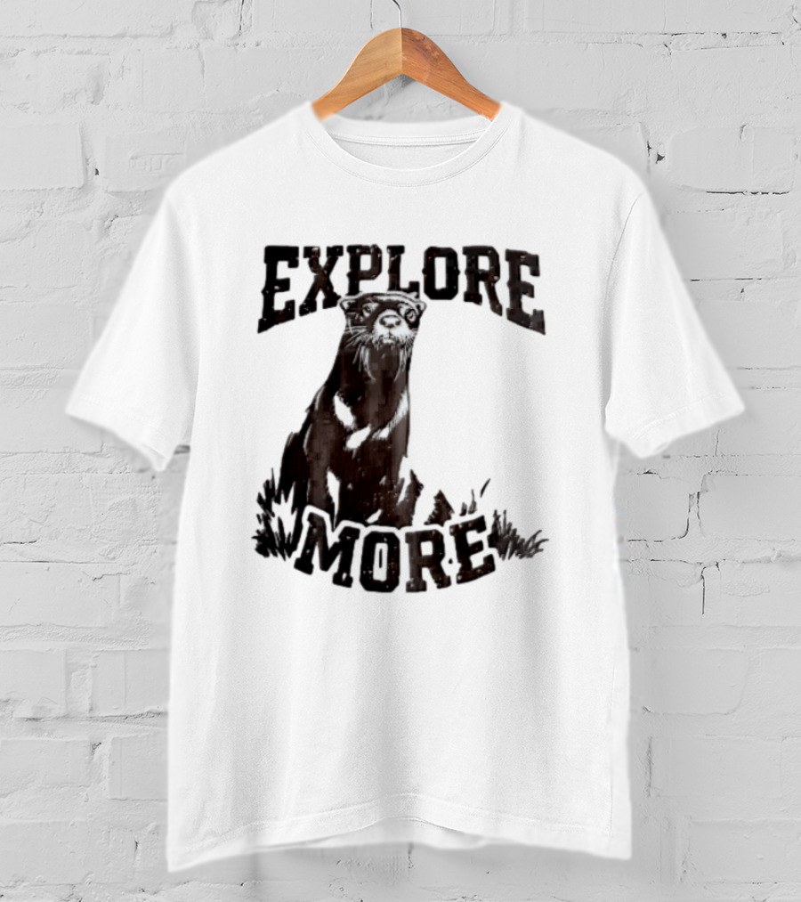 Explore More River Otter Tall Grass Distressed Woodcut Black White T-Shirt