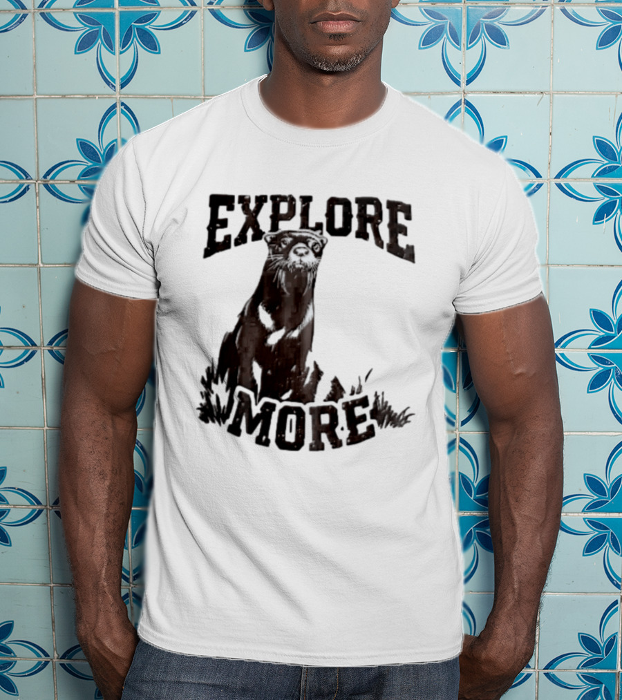 Explore More River Otter Tall Grass Distressed Woodcut Black White T-Shirt