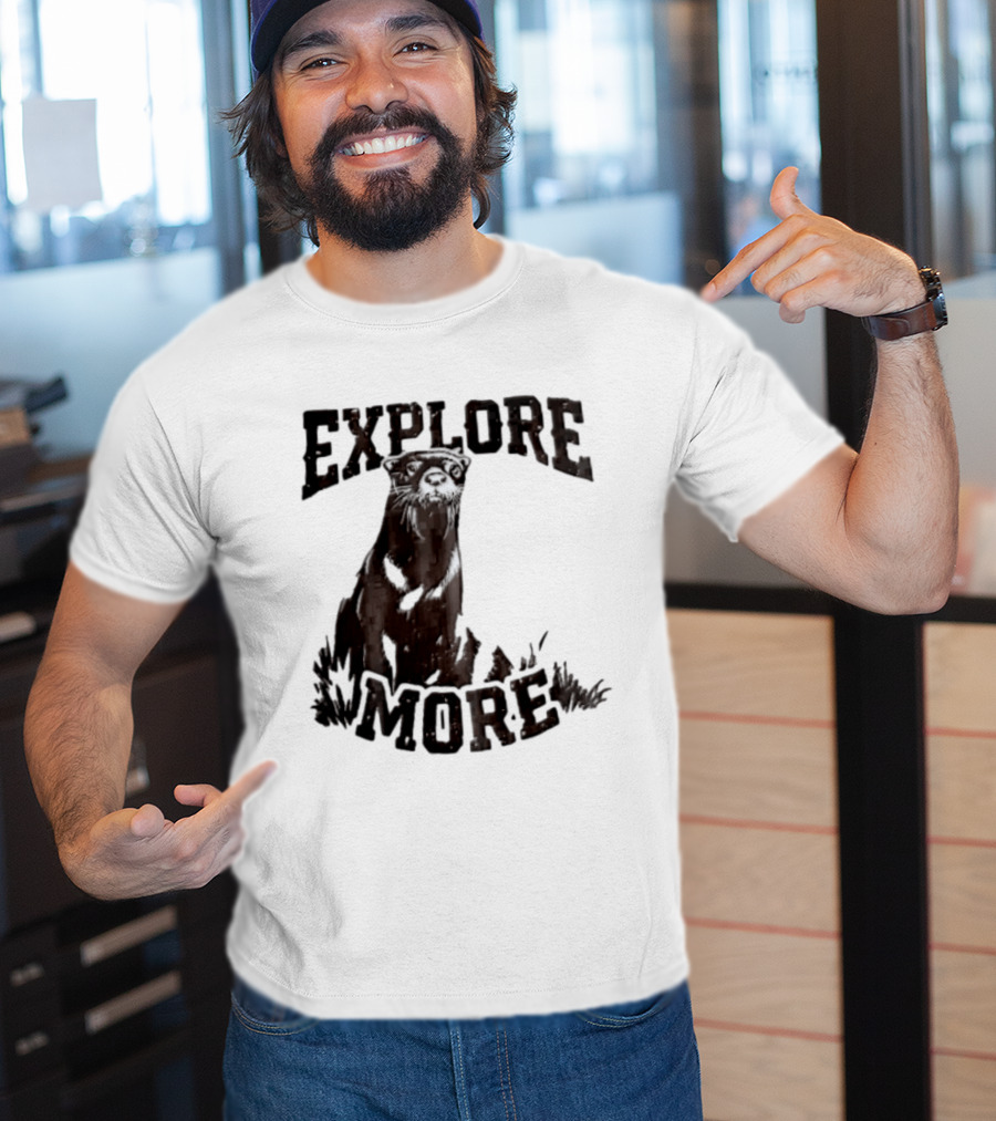Explore More River Otter Tall Grass Distressed Woodcut Black White T-Shirt