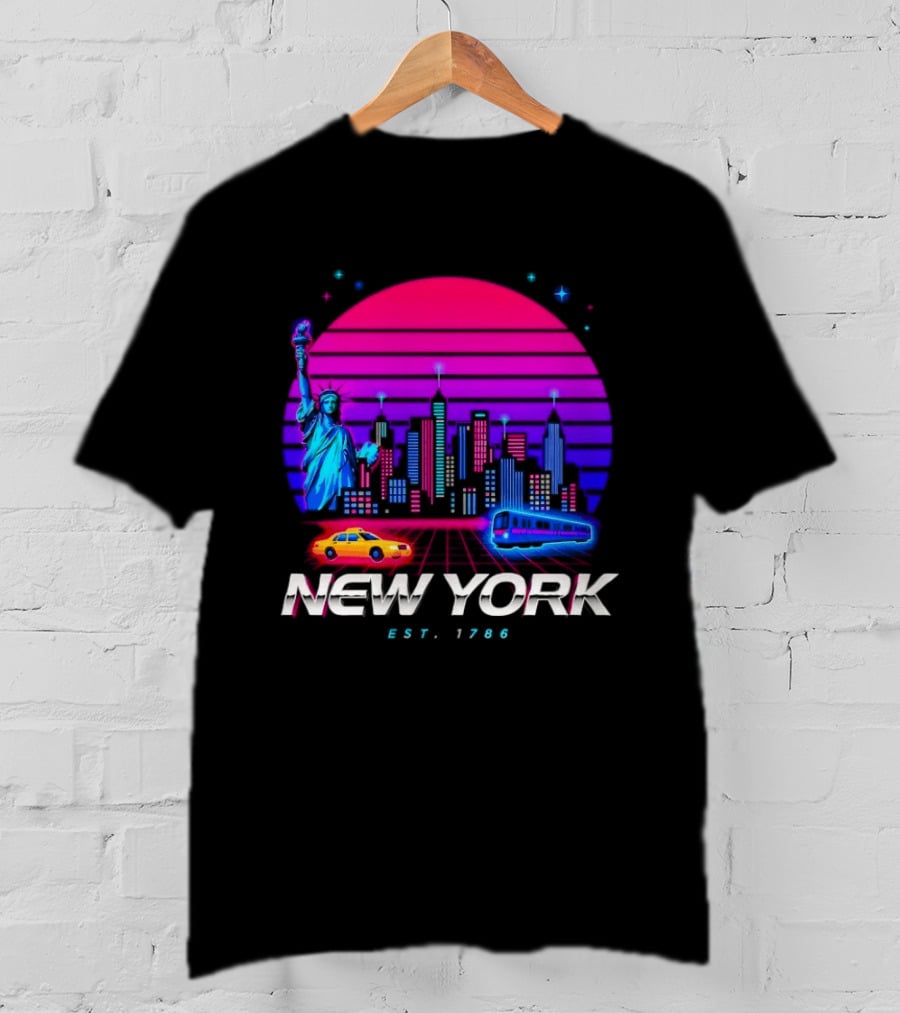 New York Est 1786 Cityscape Synthwave Statue Of Liberty Neon Skyline Retro Car T-Shirt