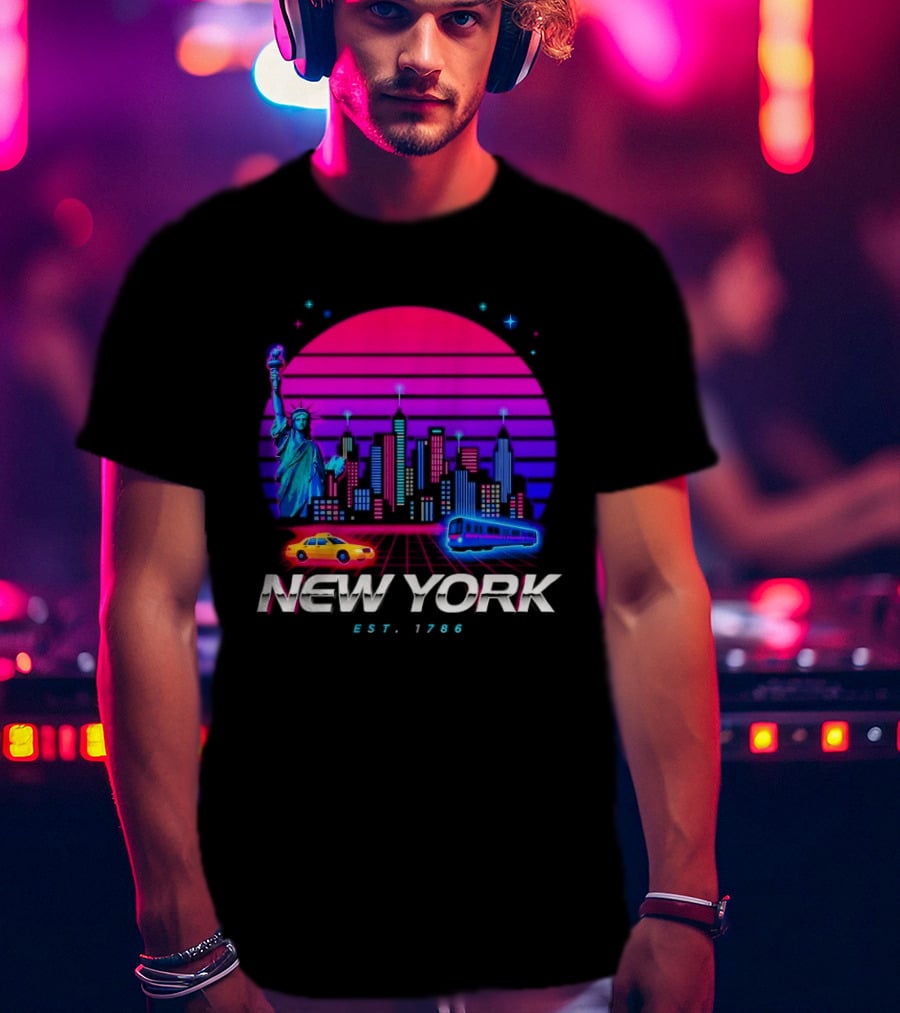 New York Est 1786 Cityscape Synthwave Statue Of Liberty Neon Skyline Retro Car T-Shirt