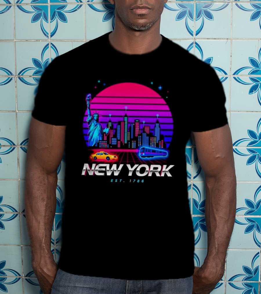 New York Est 1786 Cityscape Synthwave Statue Of Liberty Neon Skyline Retro Car T-Shirt