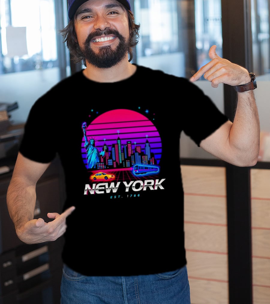 New York Est 1786 Cityscape Synthwave Statue Of Liberty Neon Skyline Retro Car T-Shirt