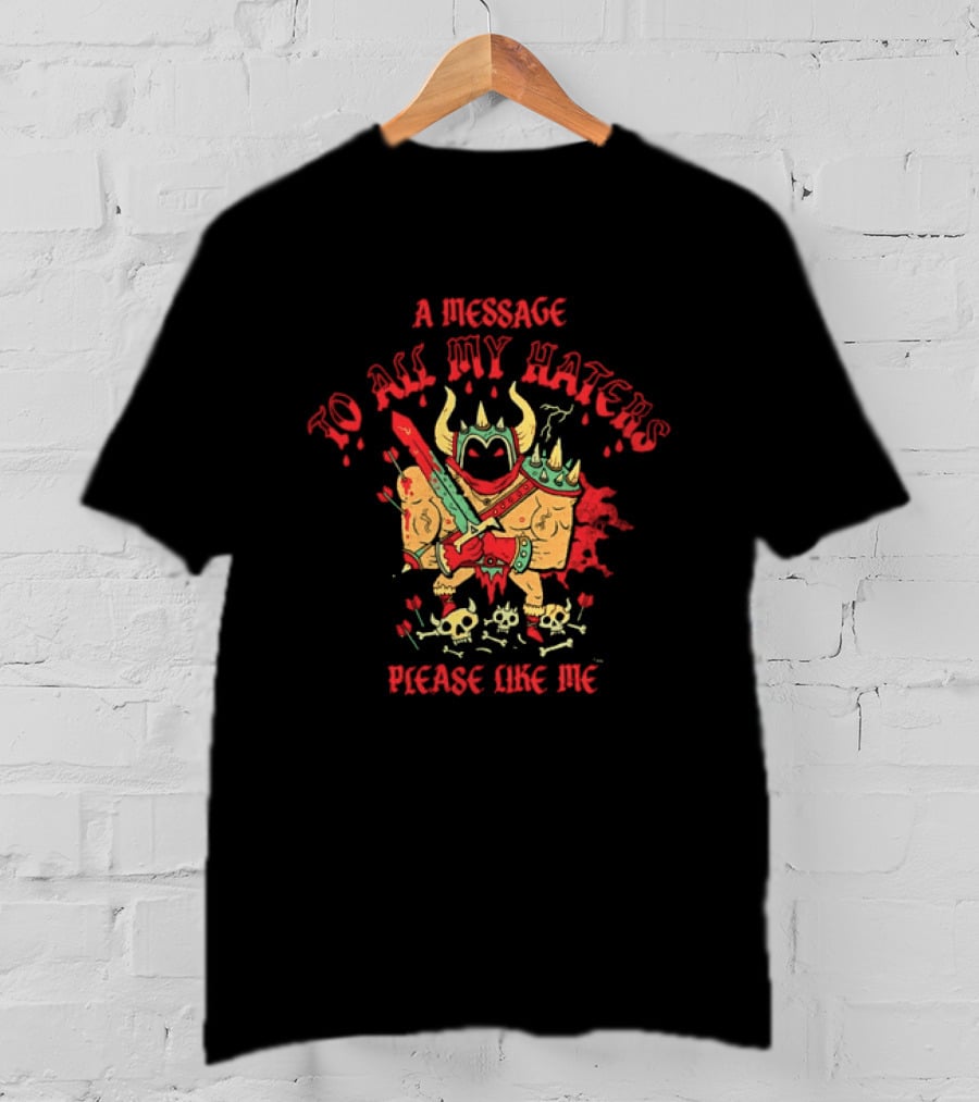 A Message To All My Haters Please Like Me Horned Warrior With Swords Skulls And Flames T-Shirt