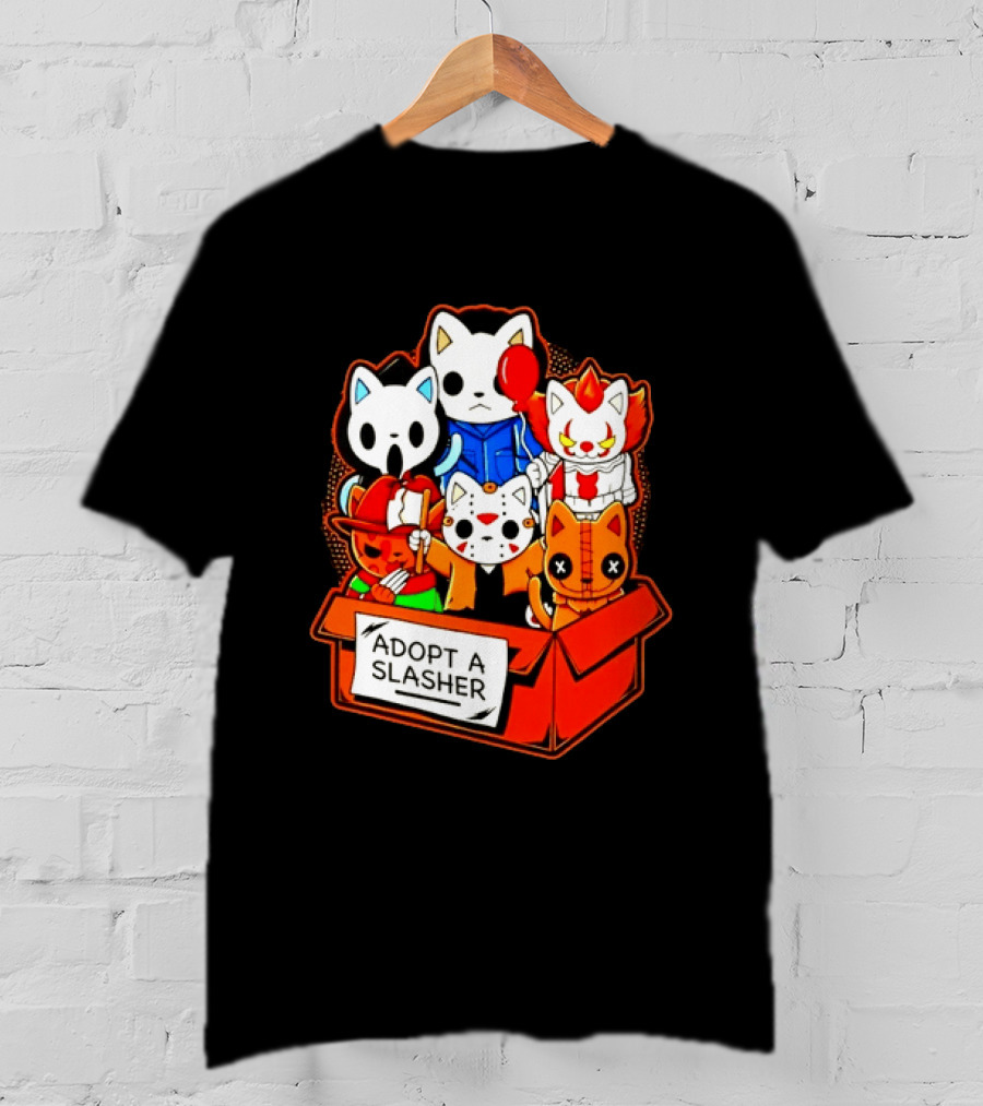 Adopt A Slasher Horror Movie Cat Characters Box Featuring Iconic Halloween Villains T-Shirt