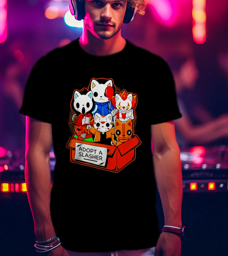 Adopt A Slasher Horror Movie Cat Characters Box Featuring Iconic Halloween Villains T-Shirt