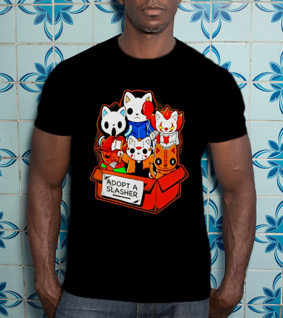 Adopt A Slasher Horror Movie Cat Characters Box Featuring Iconic Halloween Villains T-Shirt