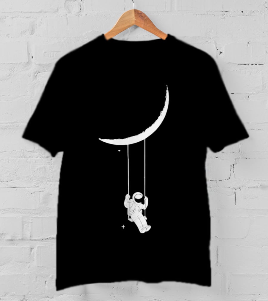 Astronaut Swinging On Crescent Moon Space Scene T-Shirt