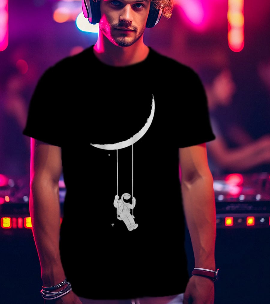 Astronaut Swinging On Crescent Moon Space Scene T-Shirt