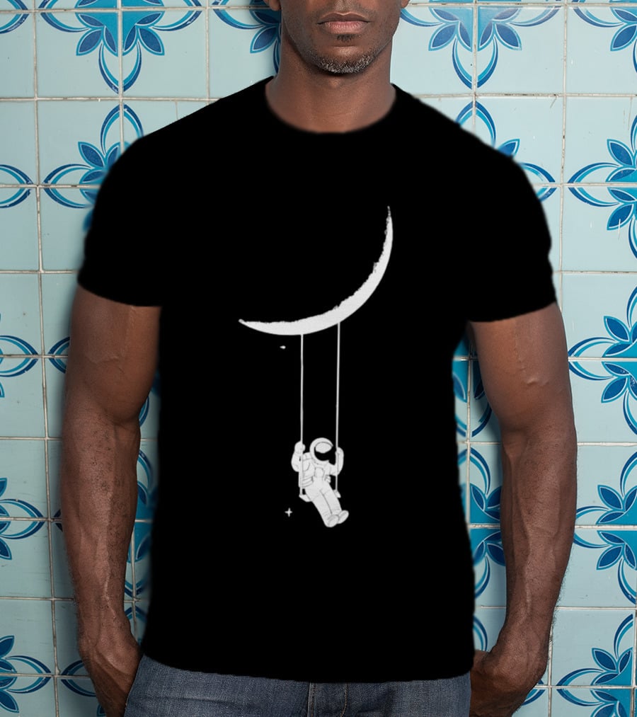 Astronaut Swinging On Crescent Moon Space Scene T-Shirt