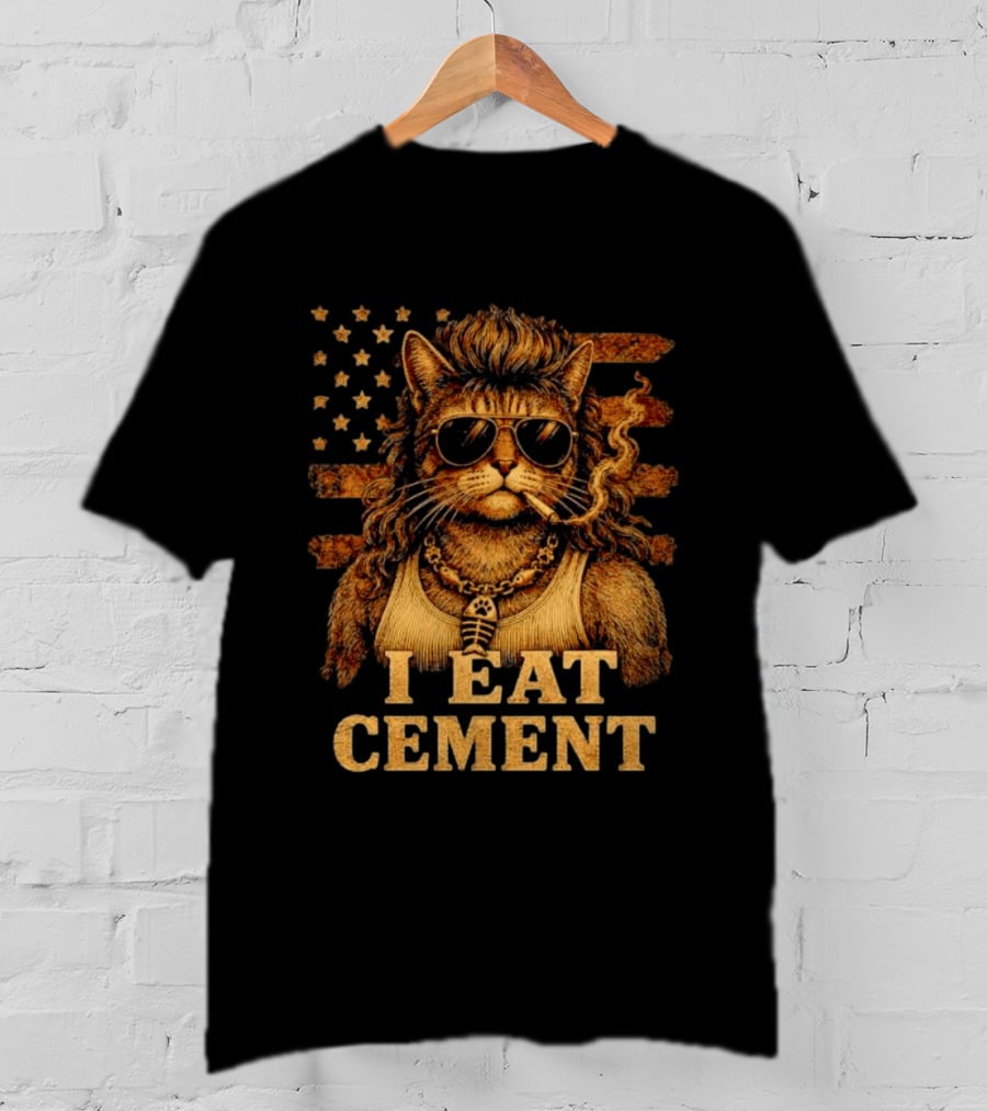 I Eat Cement Mullet Cat With Sunglasses And American Flag T-Shirt