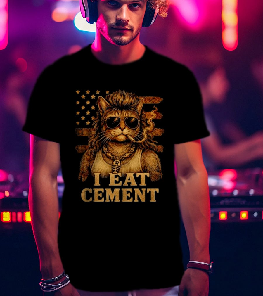 I Eat Cement Mullet Cat With Sunglasses And American Flag T-Shirt