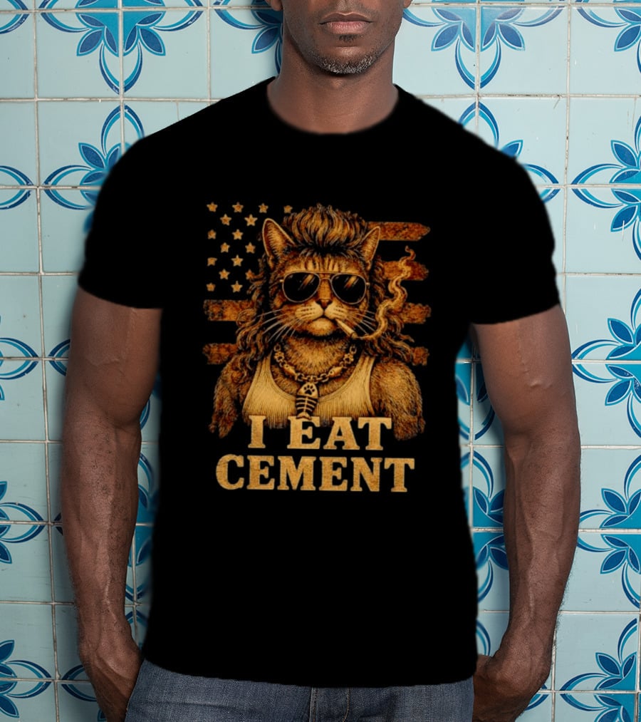 I Eat Cement Mullet Cat With Sunglasses And American Flag T-Shirt
