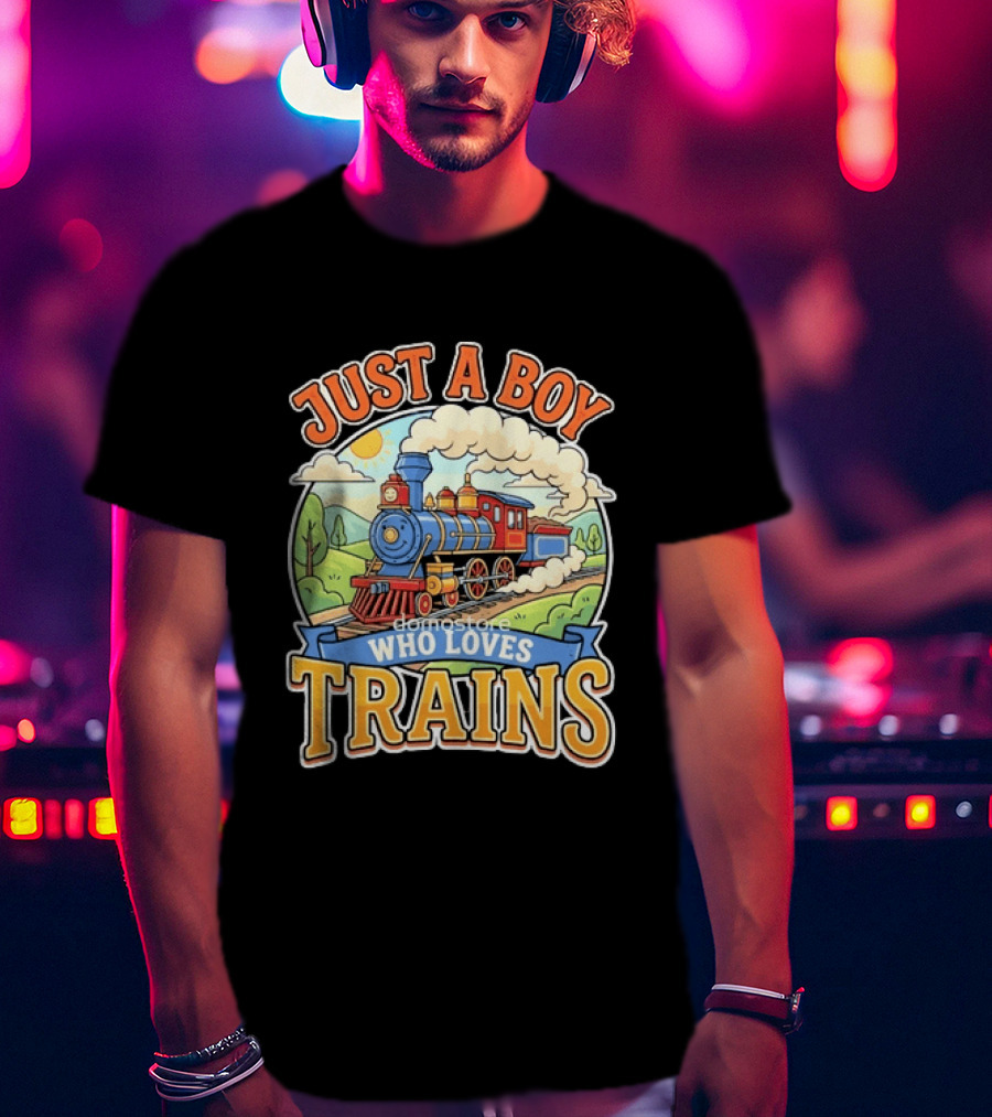 Just A Boy Who Loves Trains Colorful Locomotive Adventure T-Shirt