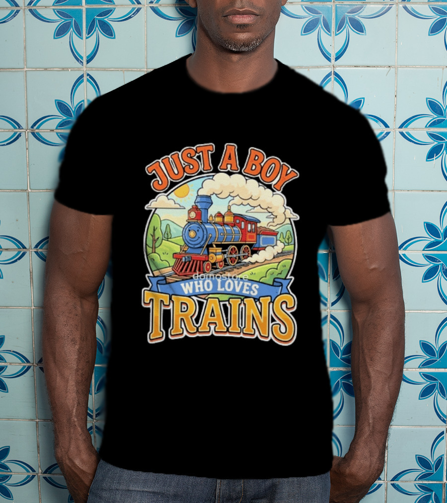 Just A Boy Who Loves Trains Colorful Locomotive Adventure T-Shirt