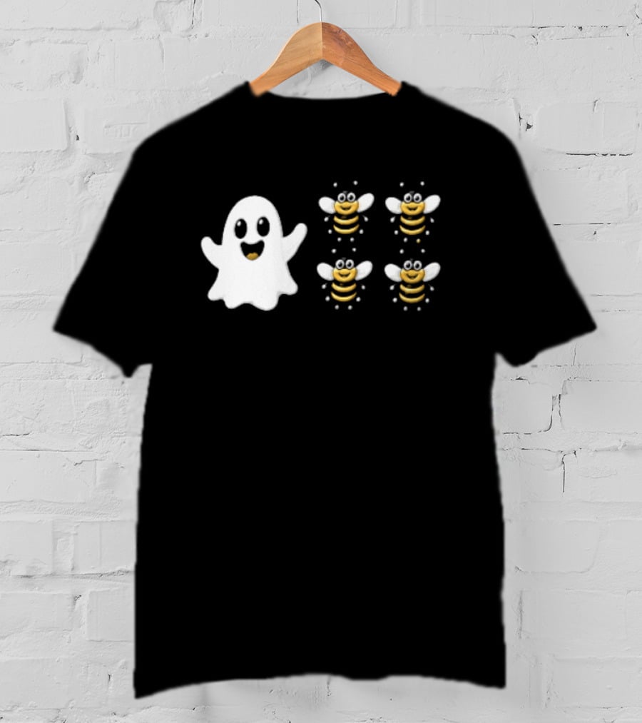 Cartoon White Ghost And Waving Four Bumblebees Cute T-Shirt