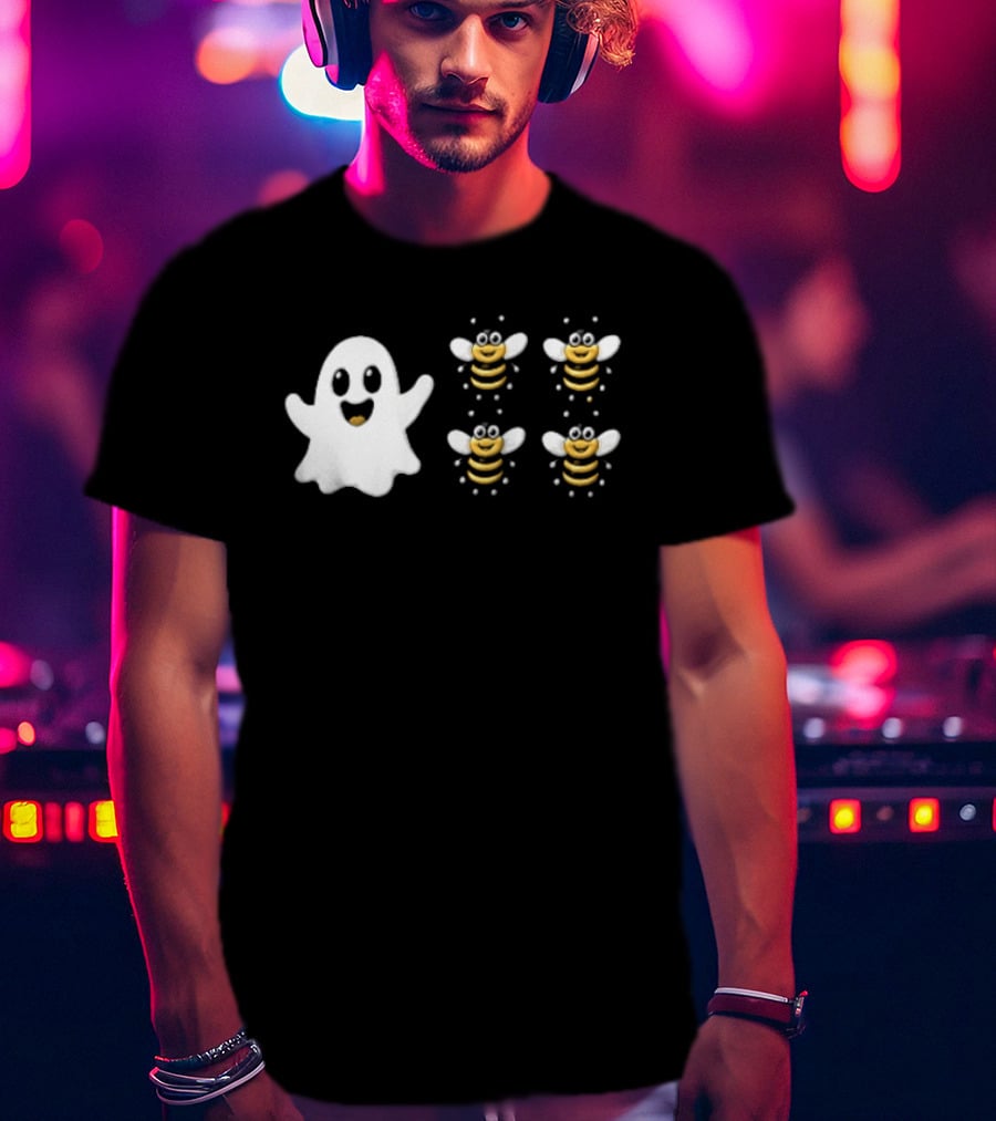 Cartoon White Ghost And Waving Four Bumblebees Cute T-Shirt
