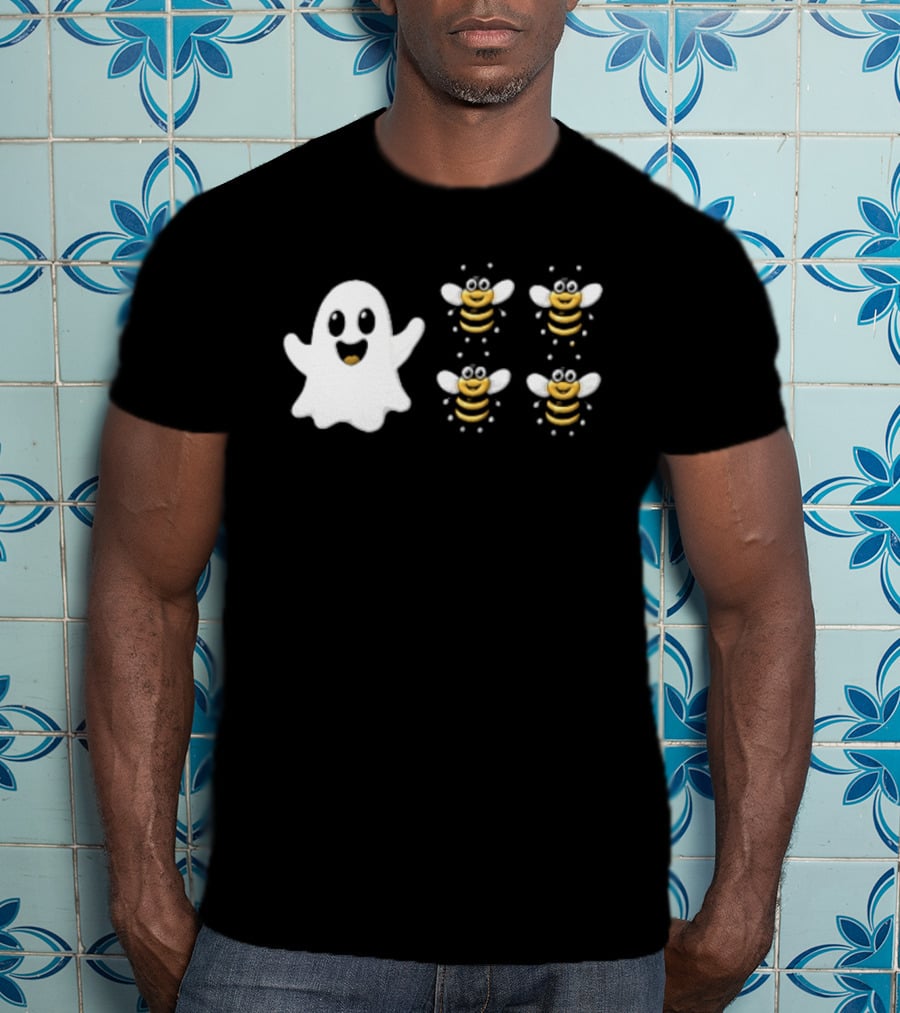 Cartoon White Ghost And Waving Four Bumblebees Cute T-Shirt