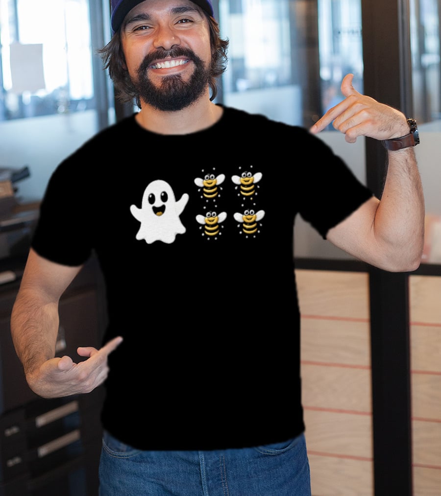 Cartoon White Ghost And Waving Four Bumblebees Cute T-Shirt