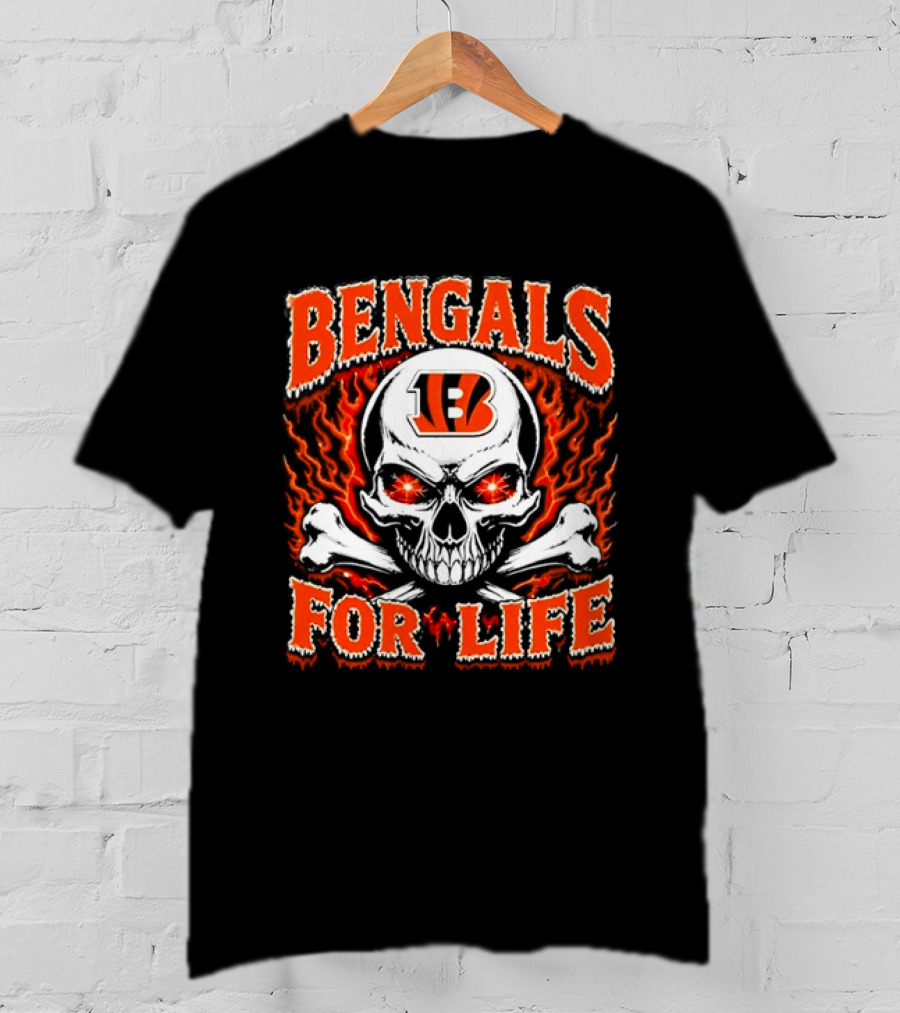 Bengals For Life Skull And Crossbones Fiery T-Shirt