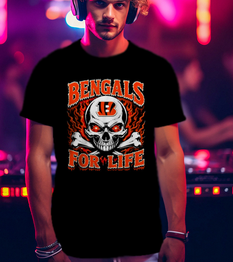 Bengals For Life Skull And Crossbones Fiery T-Shirt