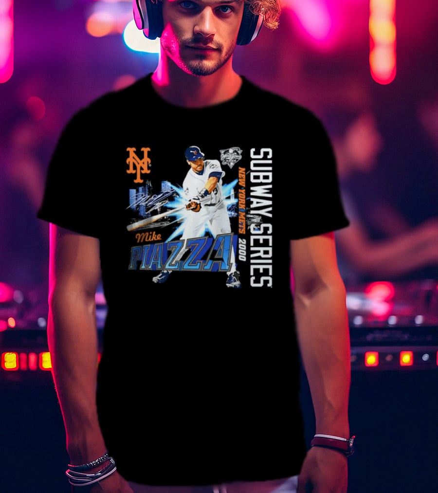 New York Mets Mike Piazza 2000 Subway Series Urban Baseball Action T-Shirt