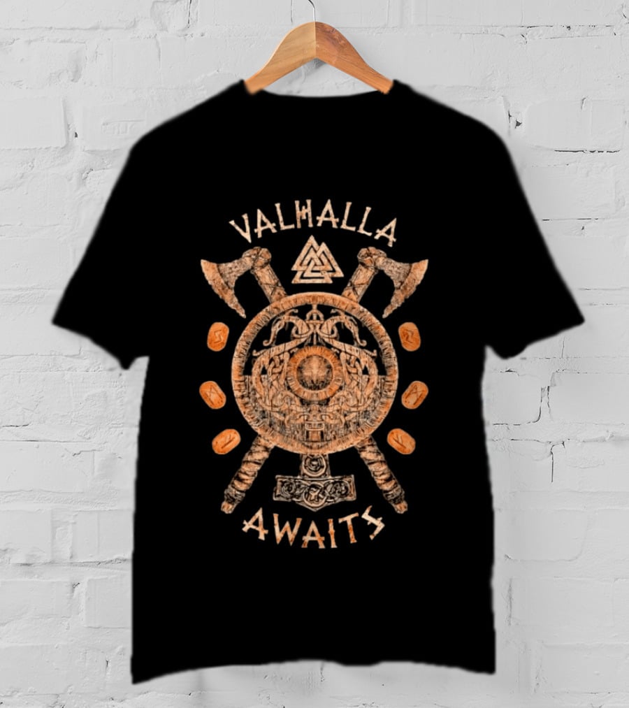 Valhalla Awaits Distressed Viking Shield Axes Norse Symbolism T-Shirt