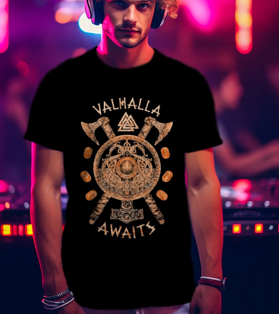 Valhalla Awaits Distressed Viking Shield Axes Norse Symbolism T-Shirt