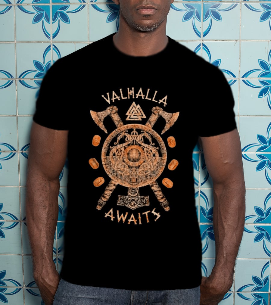 Valhalla Awaits Distressed Viking Shield Axes Norse Symbolism T-Shirt