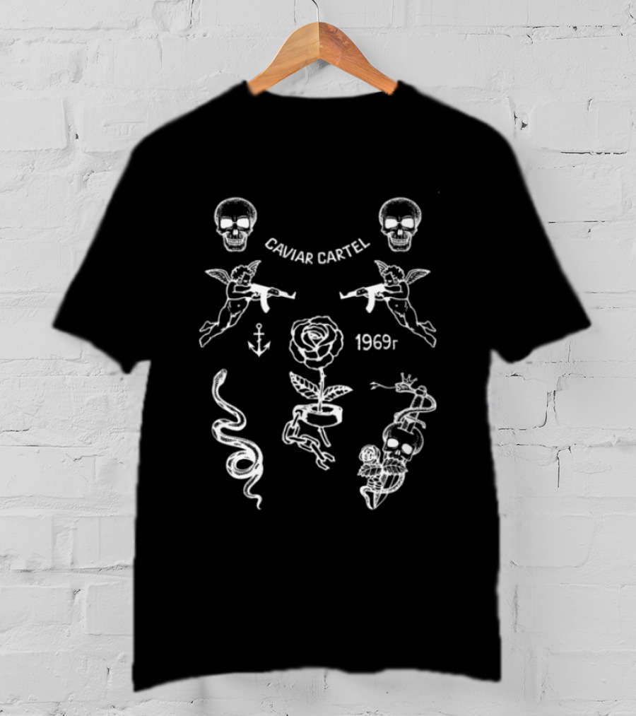 Ssur Caviar Cartel 1969t Skull Rose Snake Wings Anchor Icons Black Oversized T-Shirt