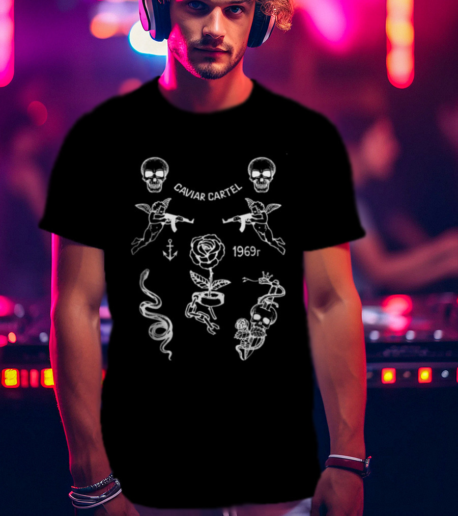 Ssur Caviar Cartel 1969t Skull Rose Snake Wings Anchor Icons Black Oversized T-Shirt